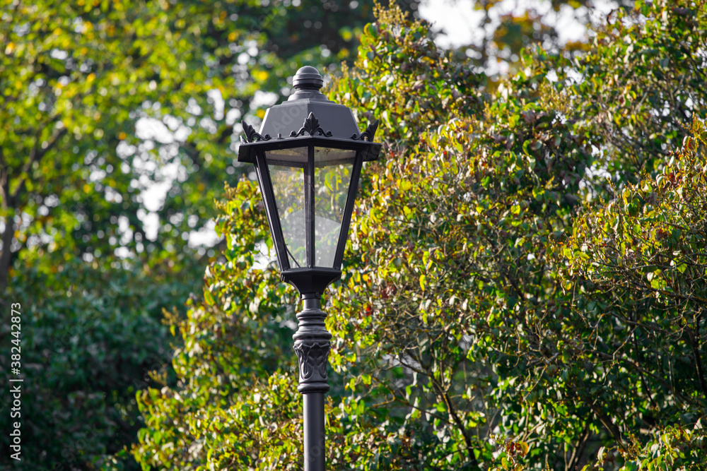 Poster beautiful street lamp on a background of autumn leaves.