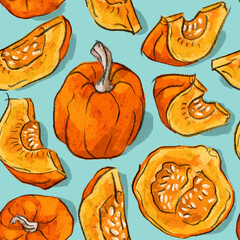 Seamless pattern with ripe pumpkins and pumpkin slices