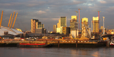 Skyline of new riverside apartment buildings near river Thames near Greenwich, London, United Kingdom