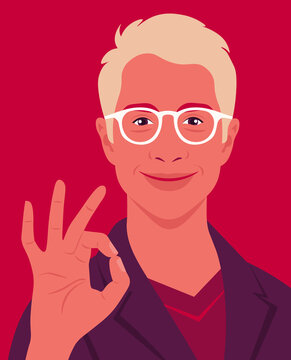 Portrait of a happy man makes an okay gesture and wearing in a business suit. Office professions. Vector flat illustration.