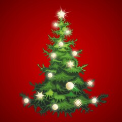 Christmas tree decorated with xmas star, balls and snowflakes. Symbol of Christmas and new year. Evergreen fir.