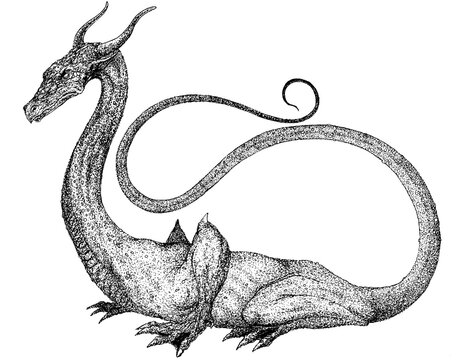 dragon with a long tail sitting on the ground