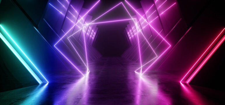 Neon Sci Fi Retro Modern Glowing Laser Electric Alien Spaceship Tunnel Garage Corridor Hangar Purple Blue Concrete Glossy background 3D Rendering © IM_VISUALS