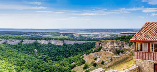 Panoramic picture. The valley of Josaphat. On the right is the rocky medieval cave town of...