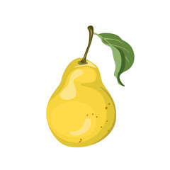 Yellow pear with green leaf isolated on white. Vector icon. Cartoon flat illustration of fresh fruit.