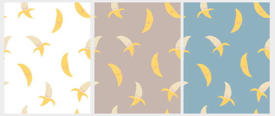 Cute Smiling Banana Seamless Vector Patterns. Kawaii Style Banana Isolated on a White, Blue and Brown Background. Lovely Nursery Art Ideal for Fabric, Textile, Wrapping Paper. Funny Fruits Print.