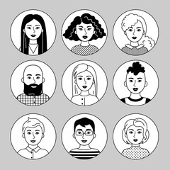 Men and women of different nationalities, black and white. Asian, European, African people, cartoon simple portraits. Multiethnic society. Collection of avatars. Set of vector flat pictograms.