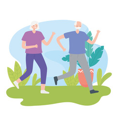 activity seniors, elderly couple running in the park