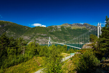 Hardanger suspension bridge in Hardanger fjord, Norway