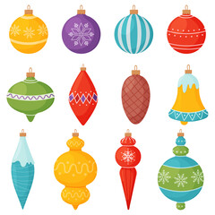 Set of Christmas tree decorations for New Year and Christmas isolated on white background.