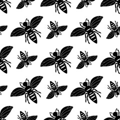 Naklejka premium Seamless pattern with bees silhouette on white background. Adorable cartoon wasp character. Template design for invitation, cards, textile, fabric. Flat style. Vector stock illustration.