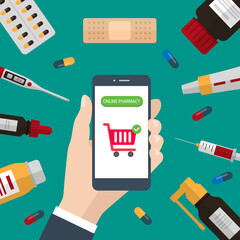 Vector illustration of mobile phone with internet pharmacy shopping app. Medical online support.
