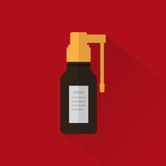 Bottle with medicine throat spray on red background. Vector illustration in flat style.
