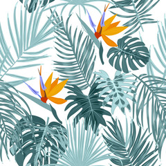 Fototapeta na wymiar Vector tropical jungle seamless pattern with palm tree leaves