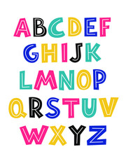 Vector cute colorful alphabet for kids. Can be used as elements for your design for greeting cards, nursery, poster, card, birthday party, packaging paper design, baby t-shirts prints