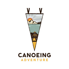 Canoeing adventure logo, retro camping emblem design with kayak, mountains scene and lake. Unusual vintage art retro style sticker. Stock vector patch