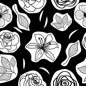 Vector seamless pattern of flowers on black background.