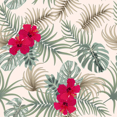 Tropical vector seamless pattern. Botany beige background, jungle leaves of palm tree wallpaper.