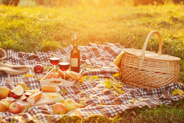 Autumn picnic background - picnic basket with fruits, bread and red wine. warm woolen blanket lying...
