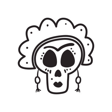 Mexican day of deads frida skull head free form line style icon vector design