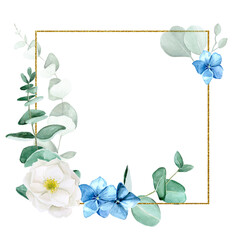 square golden frame with watercolor flowers and eucalyptus leaves. rectangular shining frame, vintage design for wedding, invitation cards. cosmetics, perfumery logo