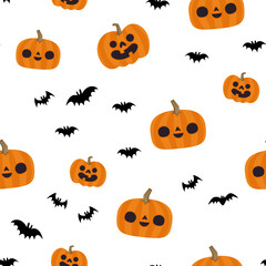 Pumpkins and bats halloween pattern. Seamless texture with cute and funny illustrations.