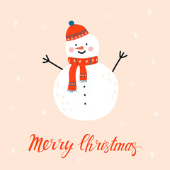 Cute snowman with the inscription Happy Christmas. Cute Christmas greeting card with with lettering Merry Christmas and snowflakes. Vector Christmas illustration.