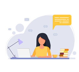 Woman working at her desk at home. Vector illustration of student studying at home. Work from home flat - obrazy, fototapety, plakaty