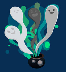 Ghosts crawl out of the witch's cauldron for Halloween.