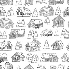Black-white set of houses and christmas trees for coloring book or card seamless pattern