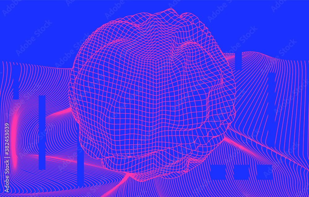 Poster glitched and distorted sphere on dark background.