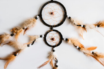 Dream catcher on a white background. Feather toy. Feather ring. Dreamcatcher amulet