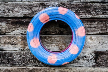 blue with pink polka dots tire