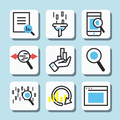 bars chart in lupe and document line and fill style icon set vector design