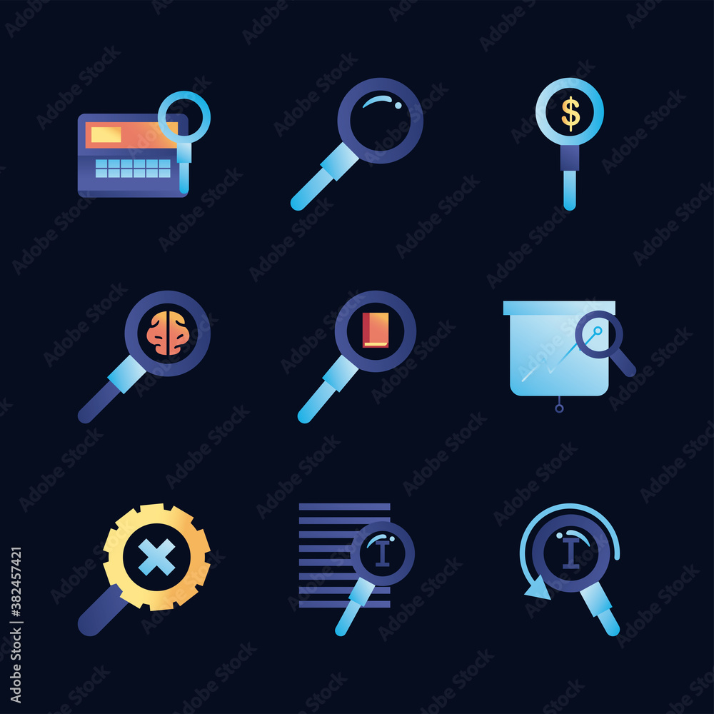 Poster search gradient style icon set vector design