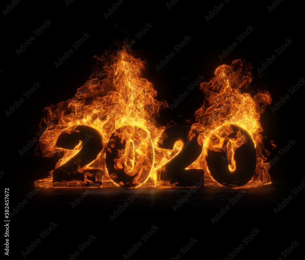 Aufkleber year 2020 on fire. flames and ember exploding out of the numbers 2020. representation of the worth y