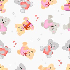Bright pattern with cute bears, with hearts and gifts. 
Vector design.