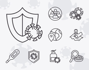 Covid 19 virus test line style set icons vector design