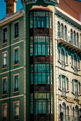 View of the facade of a building in the downtown of Lisbon in Portugal
