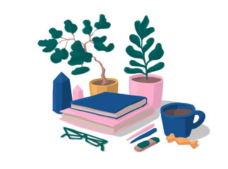 warm cozy home, self-study, freelance, work at home, working home,on table, work with cup of coffee, freelancer, work place, self-isolation