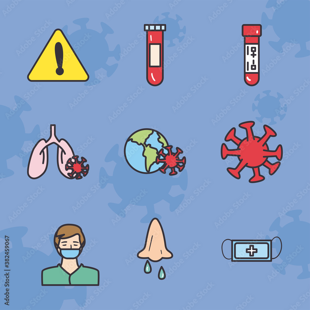 Poster covid 19 virus test line and fill style icon set vector design