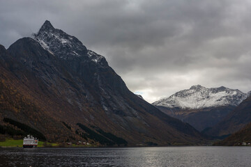 A ferry at anchor in Norangsfjorden, Møre og Romsdal, Norway