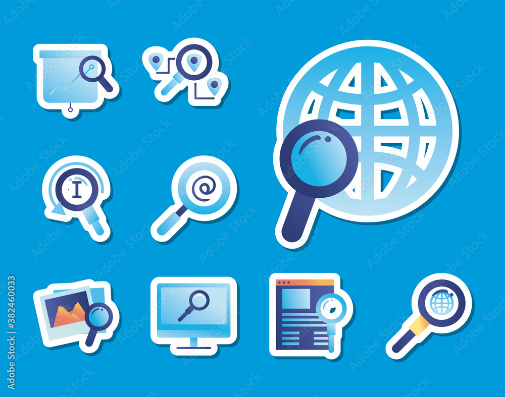 Poster search gradient style set icons vector design
