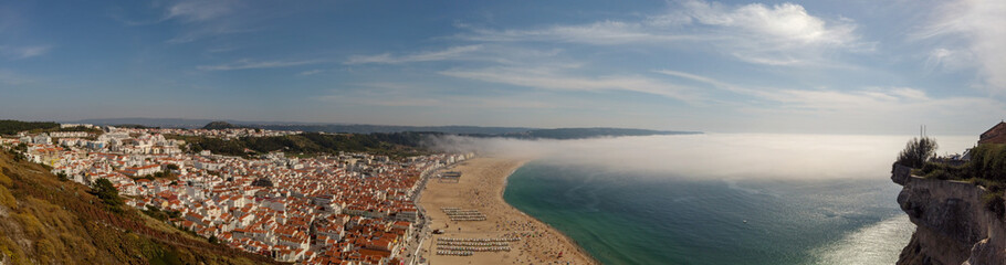Panoramic view of Nazare Beach, from the viewpoint of Suberco, in the Leiria District, in Portugal.