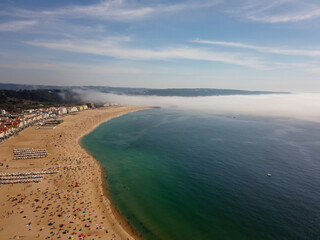 View of Nazare Beach, from the viewpoint of Suberco, in the Leiria District, in Portugal.