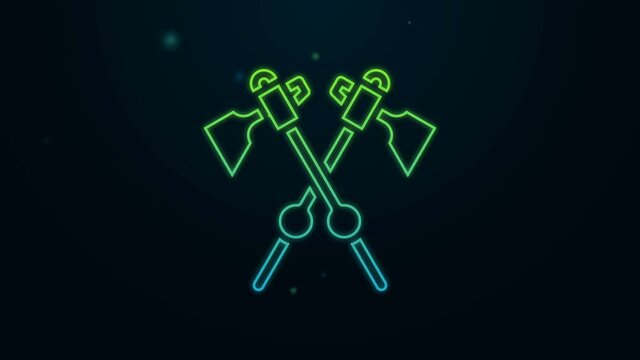 Glowing neon line Crossed medieval axes icon isolated on black background. Battle axe, executioner axe. Medieval weapon. 4K Video motion graphic animation