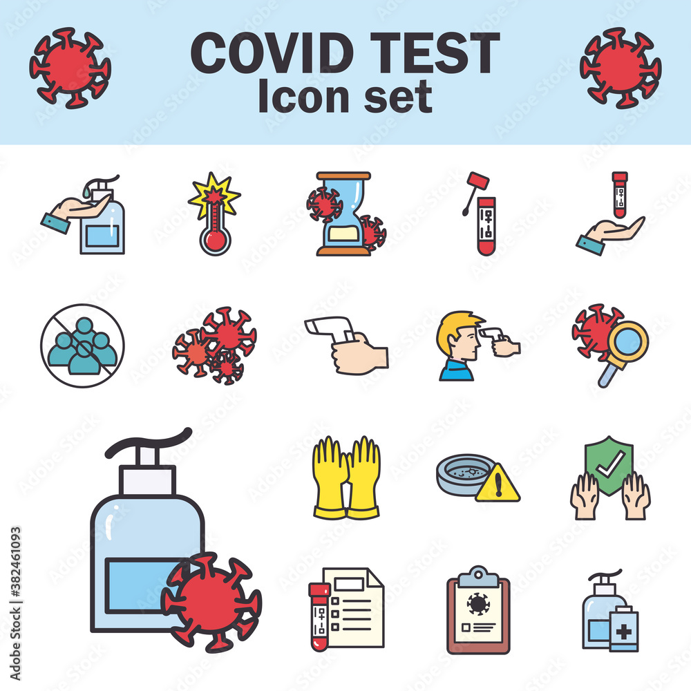 Poster covid 19 virus test line and fill style symbols set vector design