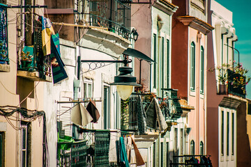 View of the facade of a building in the downtown of Lisbon in Portugal
