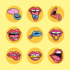 pop art female mouth line and fill style icons group vector design