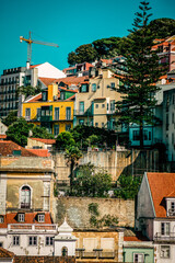 View of the facade of a building in the downtown of Lisbon in Portugal
